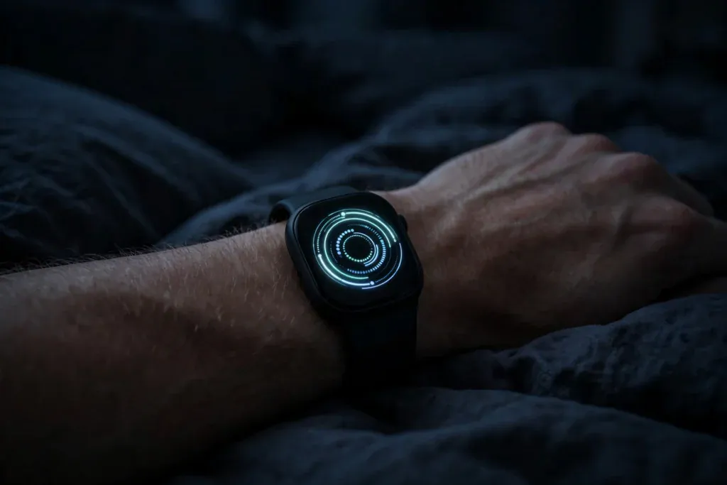 Athlete wearing a sleep tracking watch in bed at night