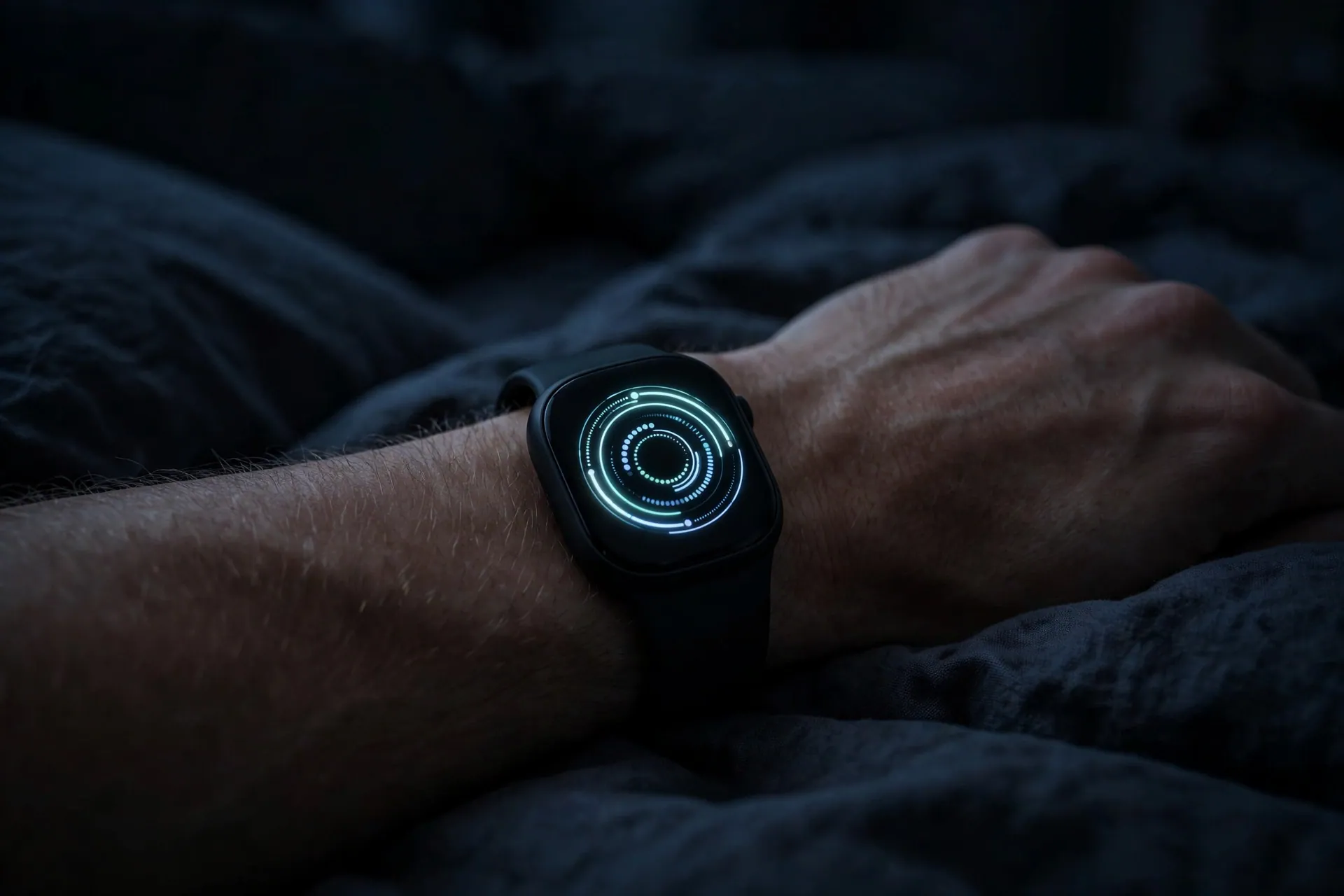 Athlete wearing a sleep tracking watch in bed at night